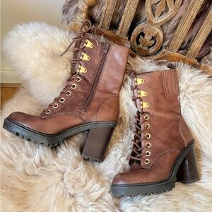 Guess Brown Lace-Up Lug Heel Boots with Gold Hardware